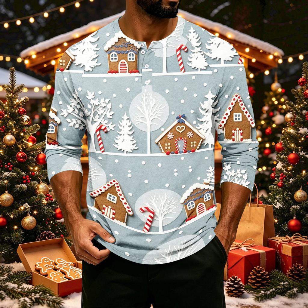 Men's Casual Shirt with Raglan Three-Quarter Sleeves, Christmas Print