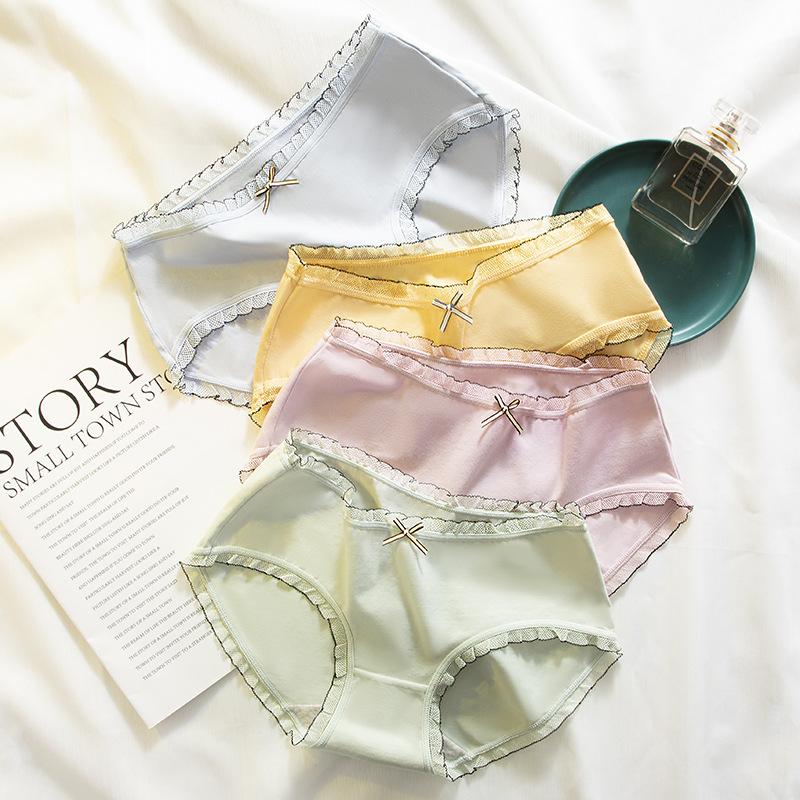 4 Stück/Set Baumwoll-Schleifen-Slips Damen Mid-Waist Hüfthebende Unterhosen Mädchen Nahtlose Übergröße Slips