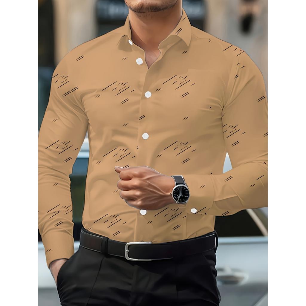 Men's Trendy Geometric 3D Line Print Long-Sleeved Shirt Men's Button up Shirt Casual Fashion Male White Shirt Lapel Shirt Tops