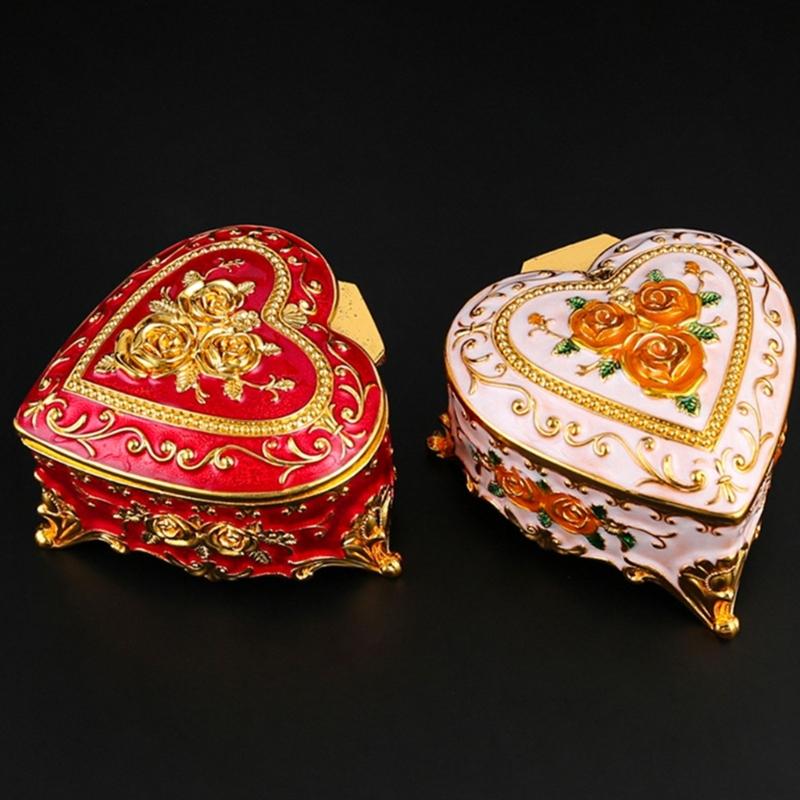 Heart Shaped Jewelry Box with Rose Embossed Lid, Zinc Alloy Storage Case for Vanity Display, Jewelry Storage and Gifts