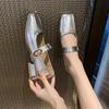 Low Heel Single Shoes Fashion Square Toe Shallow Mouth Pleated Metal Buckle One Strap Soft Sole Non-Slip Block Heel Shoes
