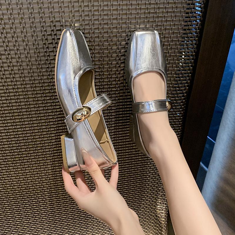 Low Heel Single Shoes Fashion Square Toe Shallow Mouth Pleated Metal Buckle One Strap Soft Sole Non-Slip Block Heel Shoes