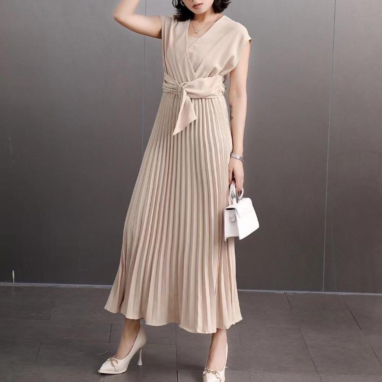 Sommer Neues Französisches Chic Maxikleid Damen V-Ausschnitt Ärmellos Schnürung A-Linie Falten Damenkleider Damen