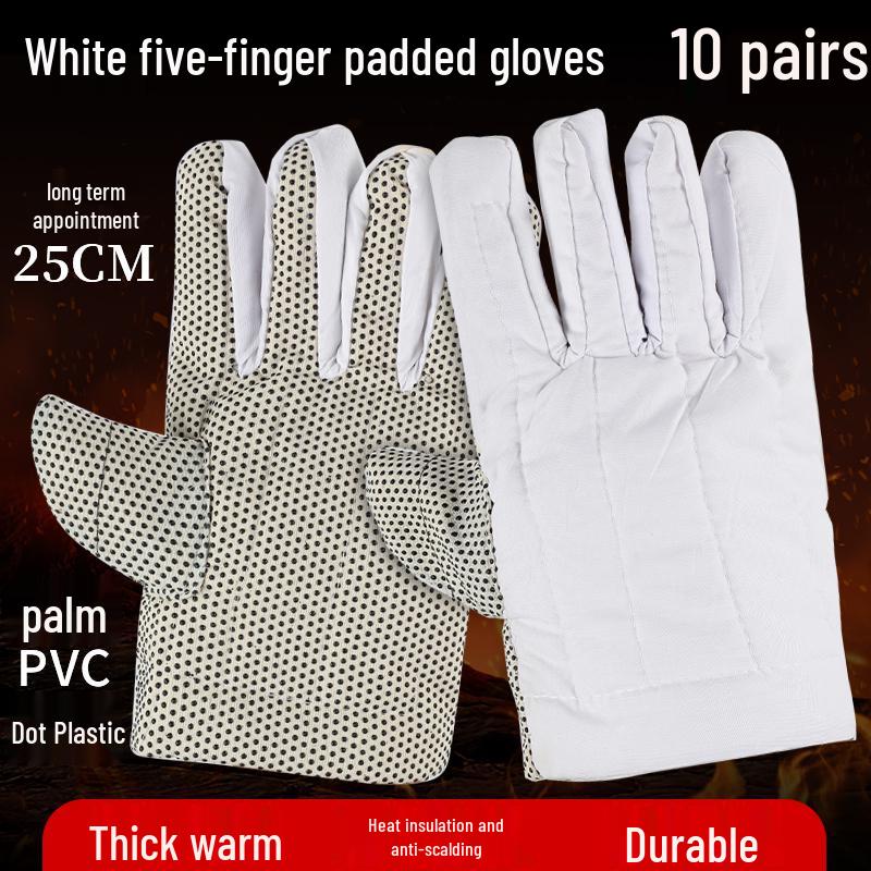 White Heat-Resistant Cotton Gloves: Anti-Scald, High-Temperature Protection, Five-Finger Design, Thickened for Kitchen and Winter Use.