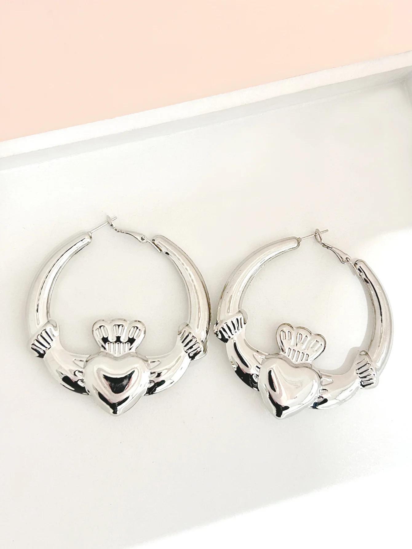 Irish Claddagh Heart Chunky Hoop Earrings for Women Valentine s Day Gift Fashion Statement Jewelry серебряный