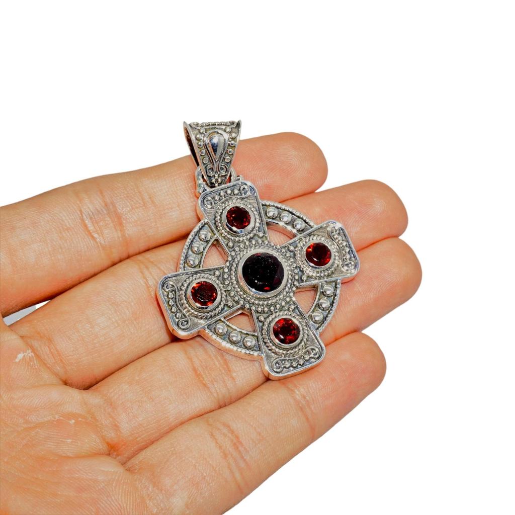 Red Garnet Sterling Silver Cross Pendant: Oxidized Gemstone Jewelry