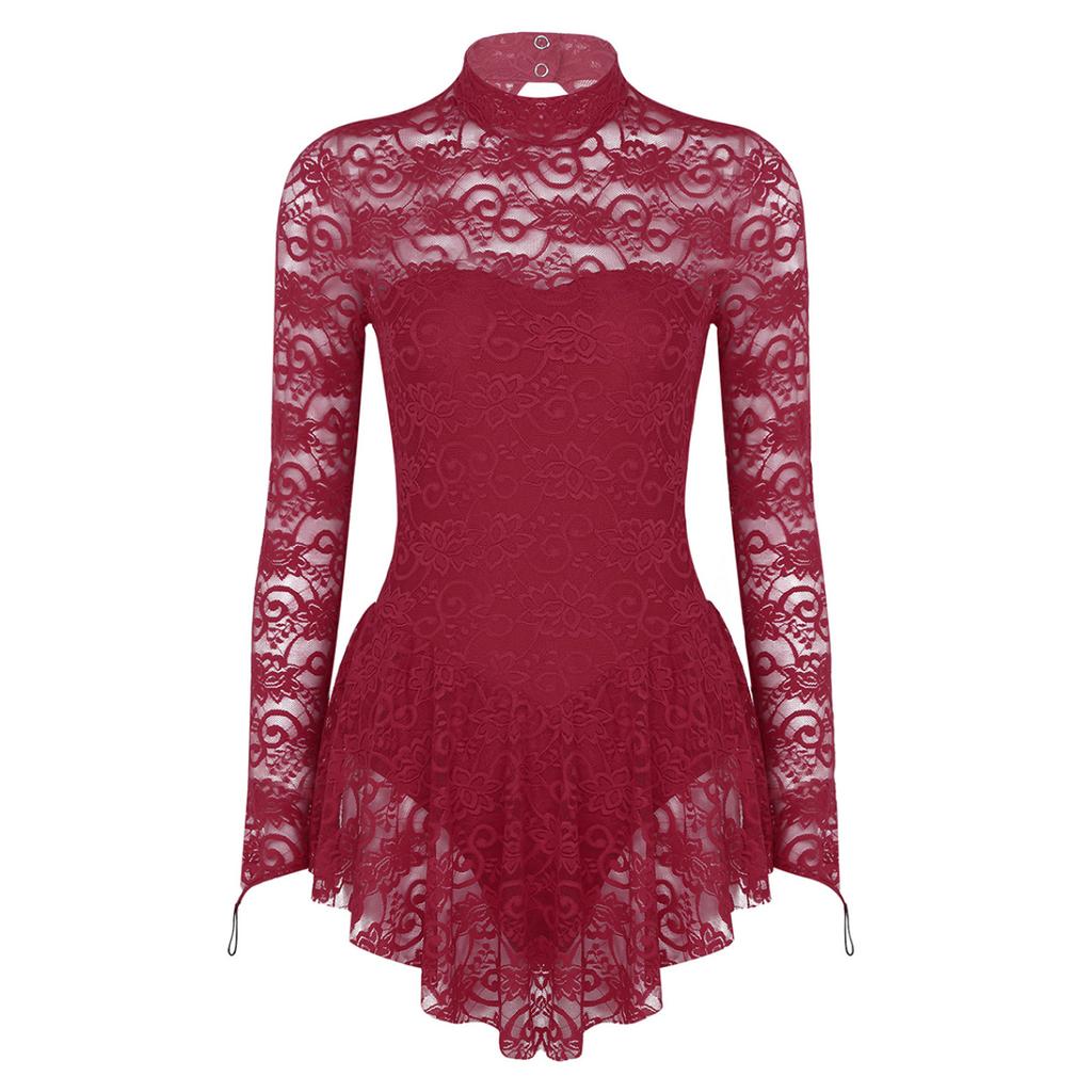 Women's Floral Lace Ballet Dance Leotard Fingerpoint Sleeves Figure Ice Skating Dress Costume