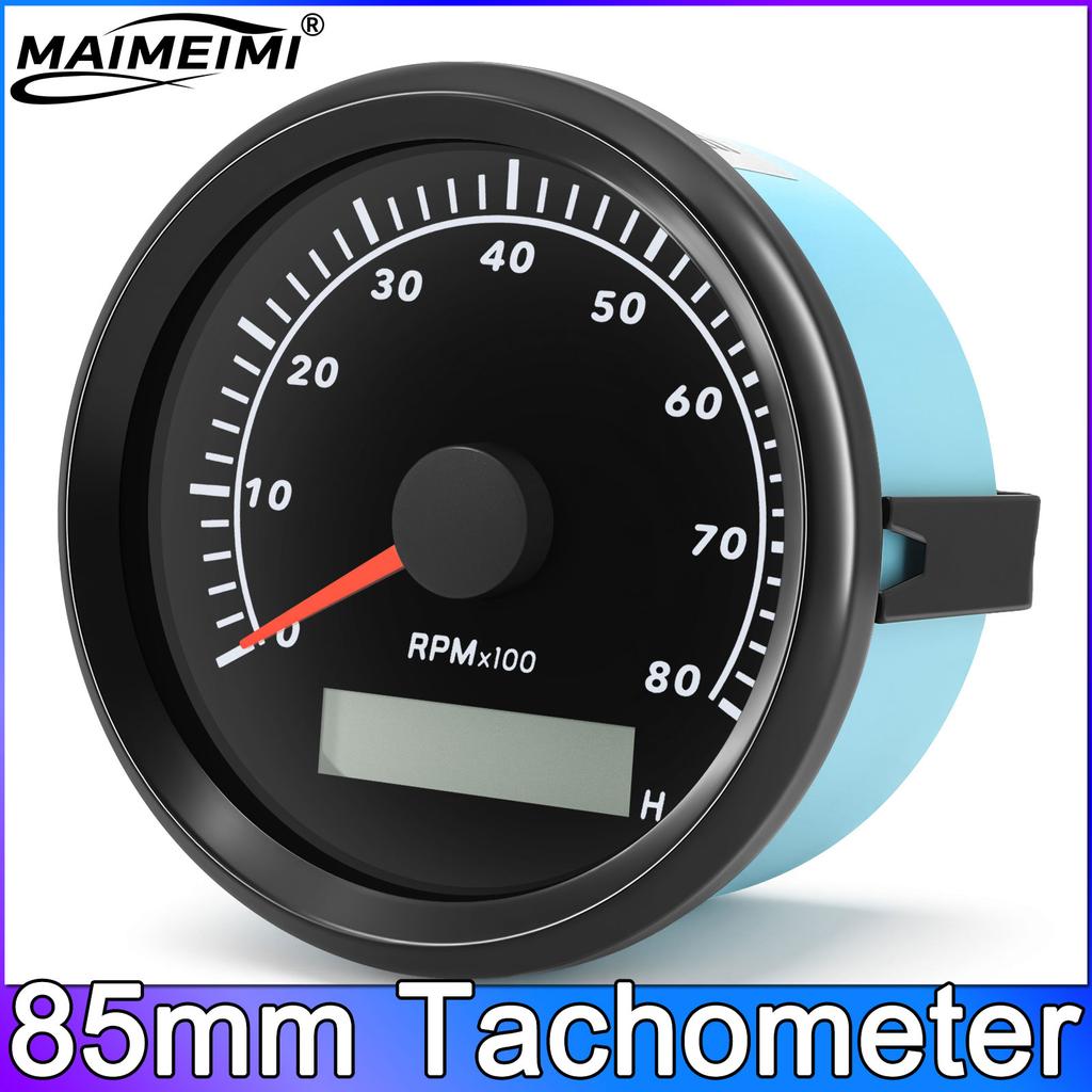 85mm Tachometer  Auto Marine RPM Meter Gauge 8000RPM REV Counter LCD Hourmeter with Red Backlights 12V 24V