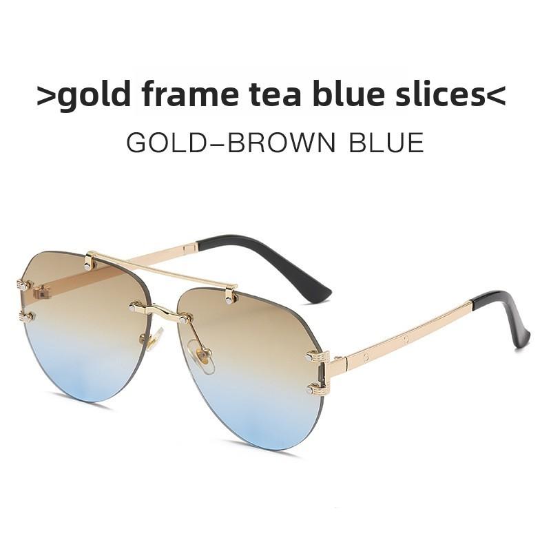 Fall European Fashion Double Bridge Metal Rimless Tortoise Sunglasses For Travel And Outdoor