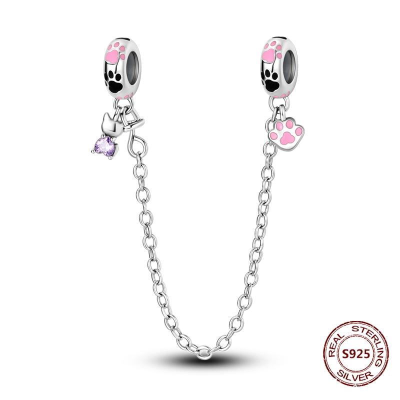 Copper Original Dog Cat Safety Chain Lazy Cat Pink Zircon Pet Paw Print Footprint Charms Fit Bracelet For Women Diy Jewelry
