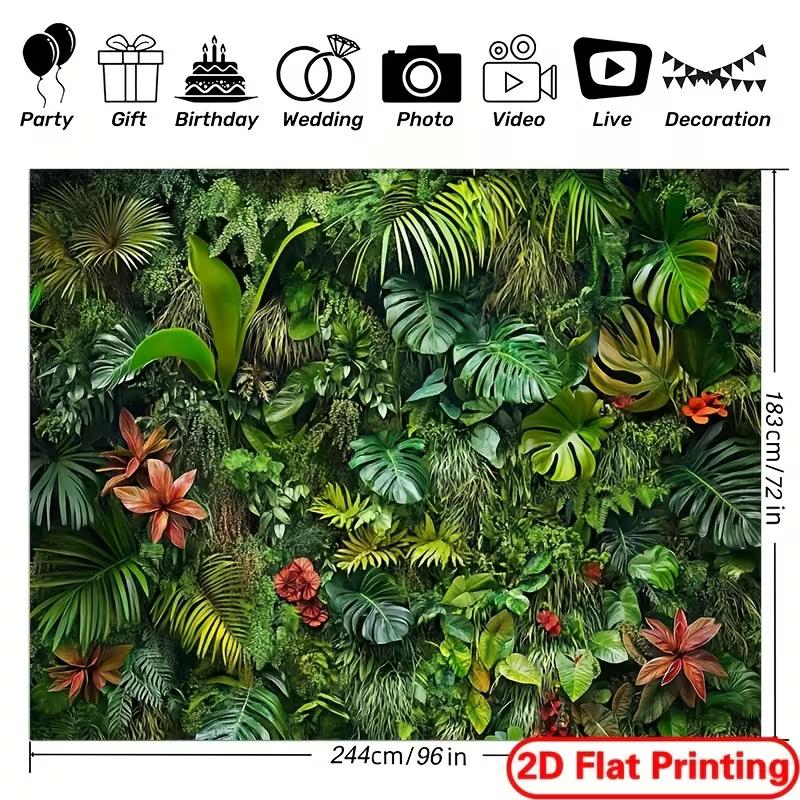 Sfondo 2D Foresta Pluviale Tropicale Monstera Palma Fiore Rosso Muro Verde