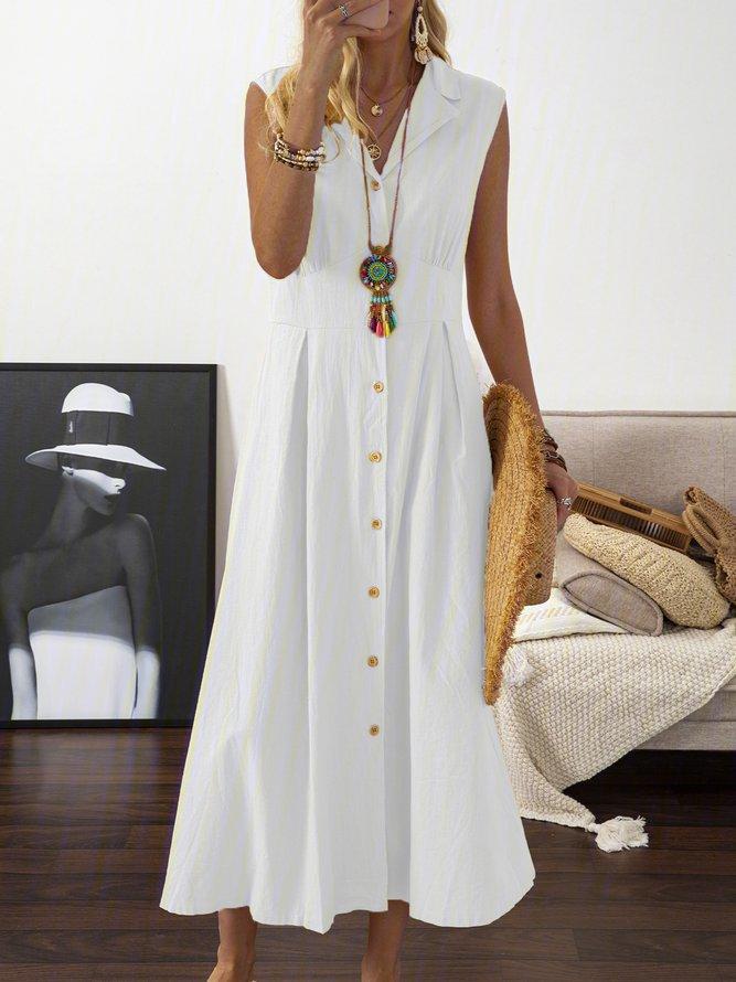 Women's long dress, suit collar, solid color button-down sleeveless swing dress