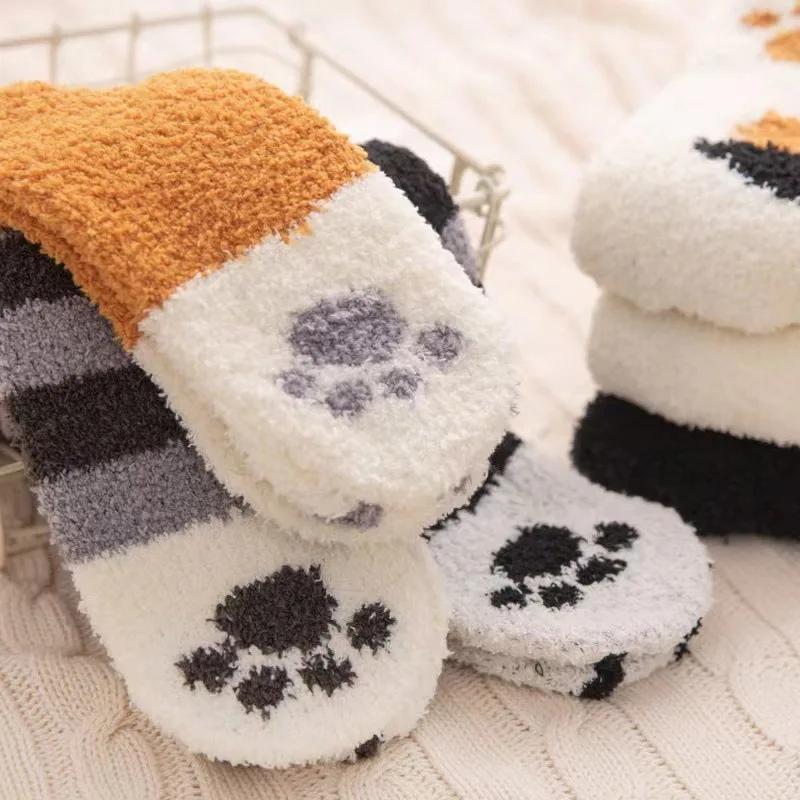 1-10Pairs Autumn Winter Cute Cat Paw Coral Fleece Mid-Calf Socks for Women Thickened and Warm Sleep Socks for Cold Weather