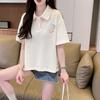 Camiseta Feminina Flor 3D Meio Botão Gola Lapela Borda de Renda Cor Sólida Manga Curta Camisetas Verão Nova Versão Solta Casual Top Feminino