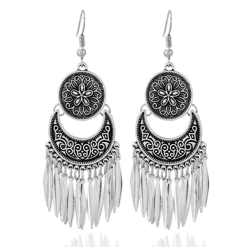 Fashion Boho Drop Long Tassel Earrings For Women Jewelry Vintage Antique Silver Plated Carved Flower Bohemian Drop Earrings
