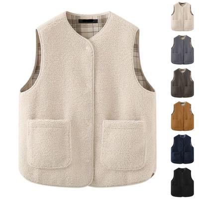 Kadın ve Kış Ekose Taklit Kuzu Yünü Yelek Yuvarlak Yaka Yelek Tersinir Tahıl Polar Yelek