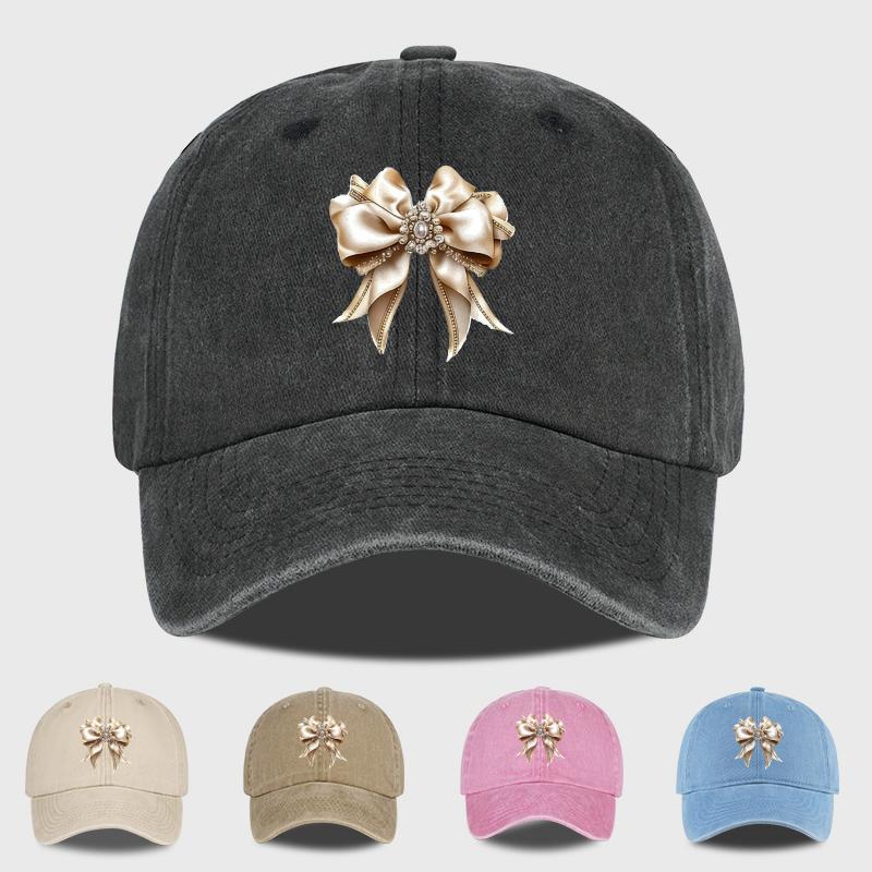 Satin Bow Print Washed Baseball Cap Adjustable Unisex Vintage Coquette Sun Hat