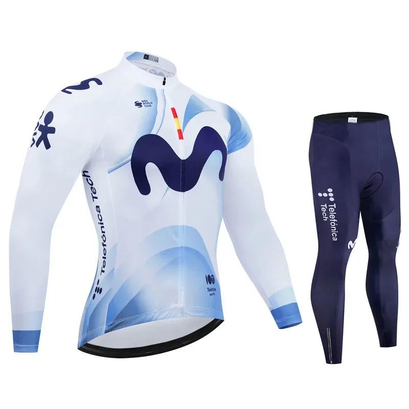 Movistar Herbst Pro Team Radtrikot 19D Trägerhosen-Set MTB Uniform Fahrradbekleidung Schnelltrocknend Fahrradkleidung Herren Langarm Radbekleidung