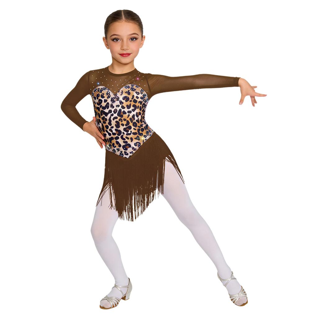 Children’s Latin Dance Competition Dress Leopard Print Fringe Long Sleeve Keyhole Back Mesh Patchwork Sparkling Rhinestone Tassel