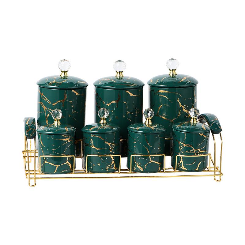 Marbled Ceramic Storage Jar with Lid Storage Tanks Metal Rack Base Food Organizers Storages Bottles Kitchen Storage Container