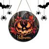 Handmade Pumpkin Pendant Halloween Wooden Door Hanger Sign, Flame Maple Leaf Printed Round Hanging Plaque, Wood Sign Waterproof Decorative Ornament