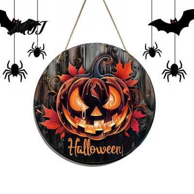 Handmade Pumpkin Pendant Halloween Wooden Door Hanger Sign, Flame Maple Leaf Printed Round Hanging Plaque, Wood Sign Waterproof Decorative Ornament
