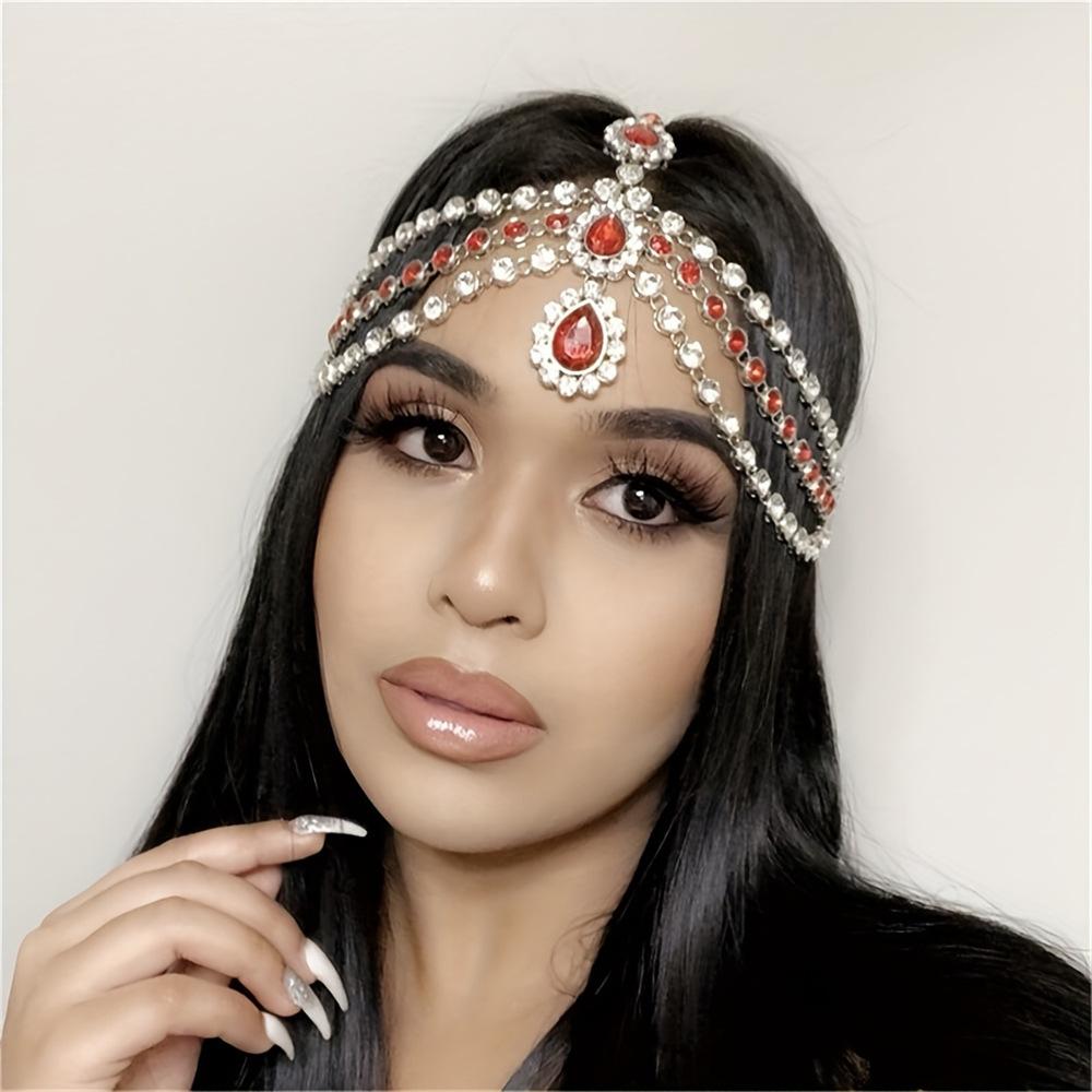 European and American Fashion Red Water Drop Pendant Forehead Lace Lady Temperament Shining Drill Head Chain Hair Accessories