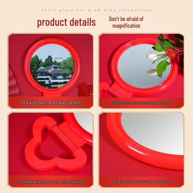 Vintage Red Plastic Round Makeup Mirror - Wall or Tabletop, Handheld, Wedding Bridal Mirror