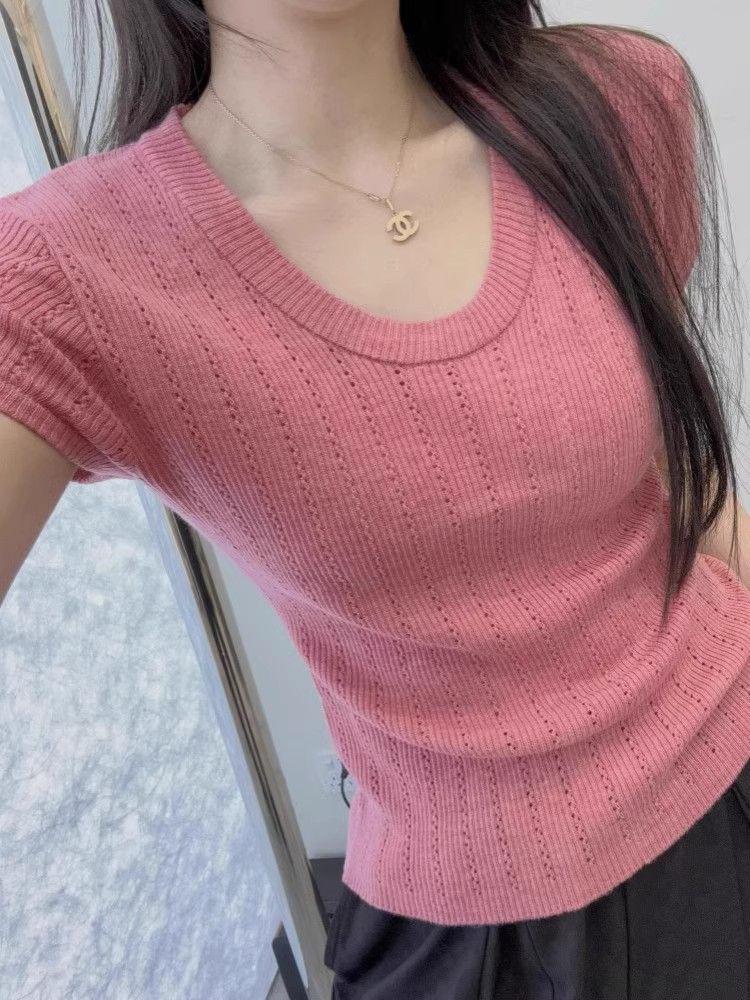 U-Neck Ice Silk Short-Sleeve Women's Summer Knit Top - Slim Fit, Elastic, Breathable, Hollow-Out Design