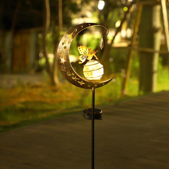 Fairy Moon Solar Garden Stake Light, Waterproof Half Moon LED Pathway Decor, Crackle Glass Ball LED Light, Metal Crescent Lamp for Outside Yard Patio
