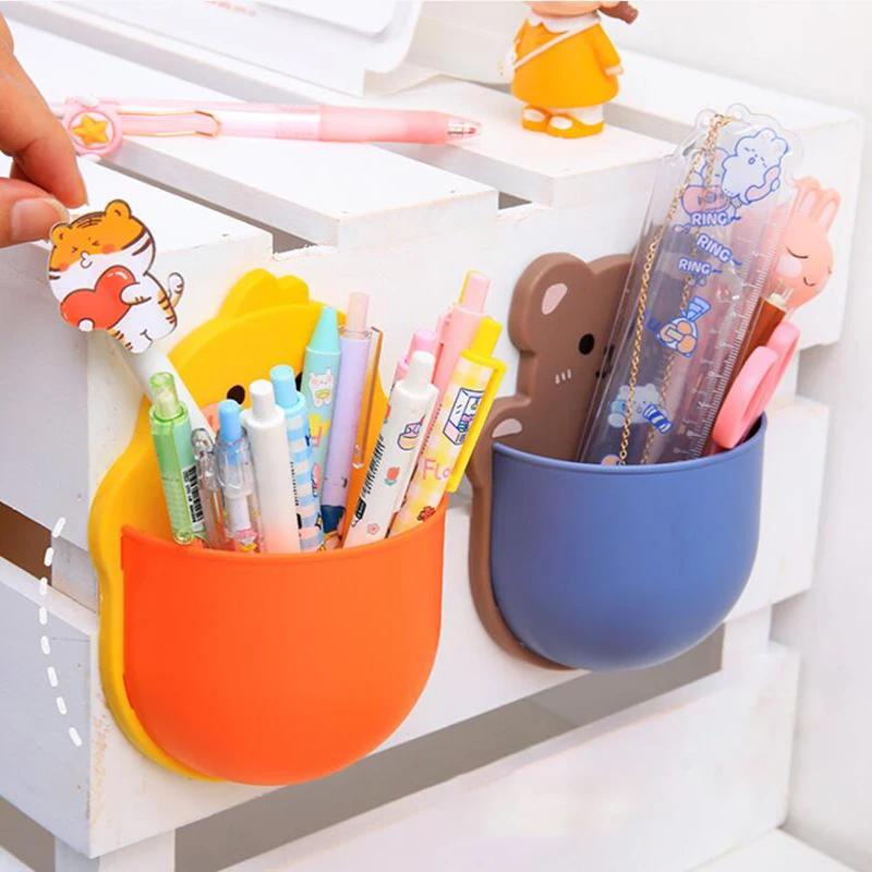 Cute Cartoon Pen Holder Self Adhesive Storage Rack Desk Organizer Kawaii Stationery Mobile Phone Cosmetics Brushes Holder Office