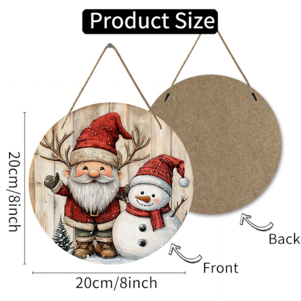 Vintage Santa and Snowman Patterned Round Wooden Hanging Plaque Rustic Farmhouse Wall Sign for Holiday Home Porch Winter Indoor Outdoor Decor