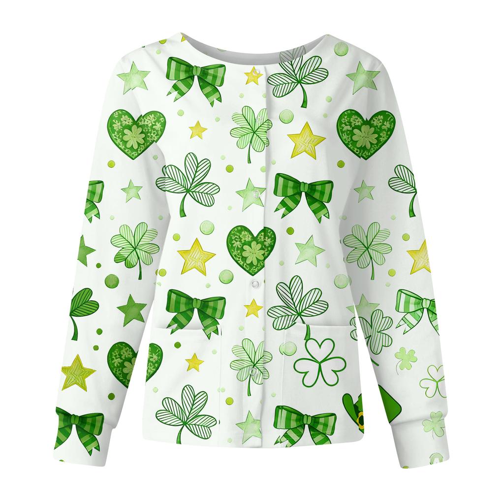 Damen Casual Mode Langarm Stehkragen Einreiher St. Patrick's Day Print Arbeitsjacke Tops