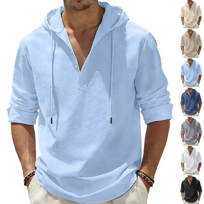 Men Shirts Hooded Solid Color Autumn Long Sleeve Tops Casual Buttons Cotton Linen Vintage Summer Beach Shirts Camisa Masculina