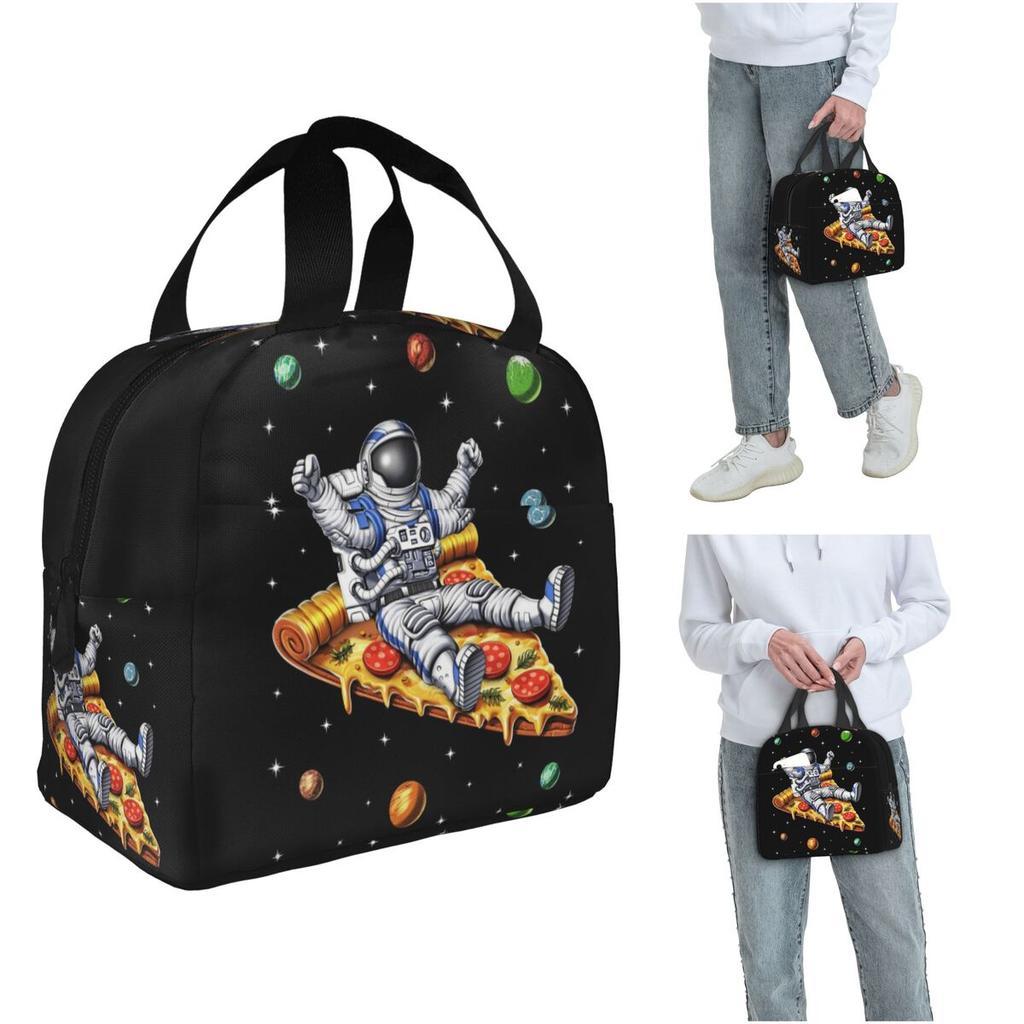 Astronaut With Pizza In Space Cartoon Insulated Lunch Bag for Women Kids Leakproof Food Boxes Thermal Lunch Box Tote