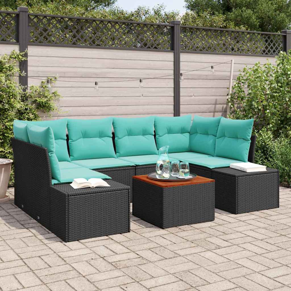Garden Sofa Set 7 Pieces Black and Turquoise Poly Rattan