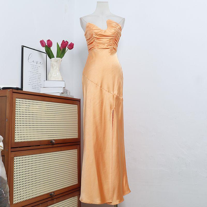 

Australian Single Niche Design Silky Satin Fishbone Tube Top Guest dresses Waist Hugging Slimming Long Split Dress Figure color M