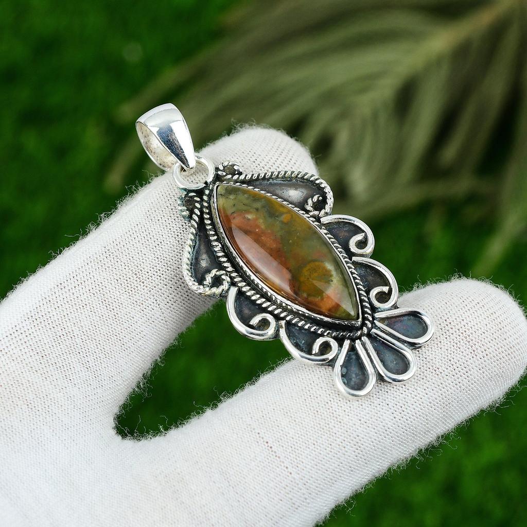 Marquise Ocean Jasper Stone Bezel Engagement Trendy Pendant 925 Sterling Silver