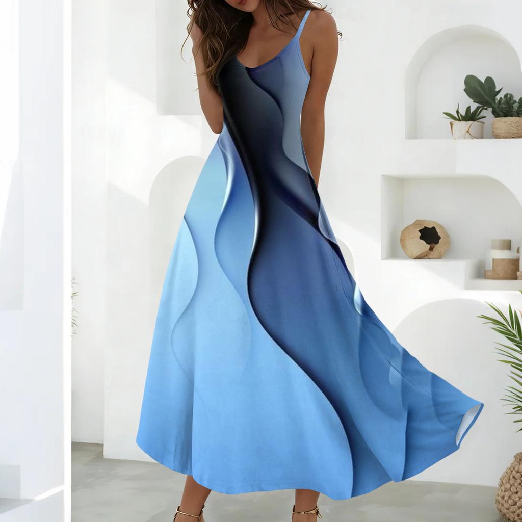 Women’s Sleeveless V Neck Maxi Dress Summer Geometric Floral Print Loose Fit Long Dress with Adjustable Straps