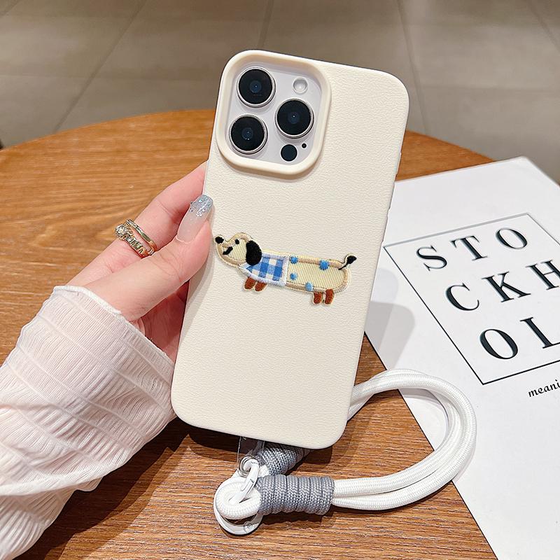 Korean Cute 3D Cartoon Embroidery Dog Lanyard Rope Phone Case For iPhone 17 16 15 14 13 11 12 Pro Max 16 Plus Funny Puppy Cover