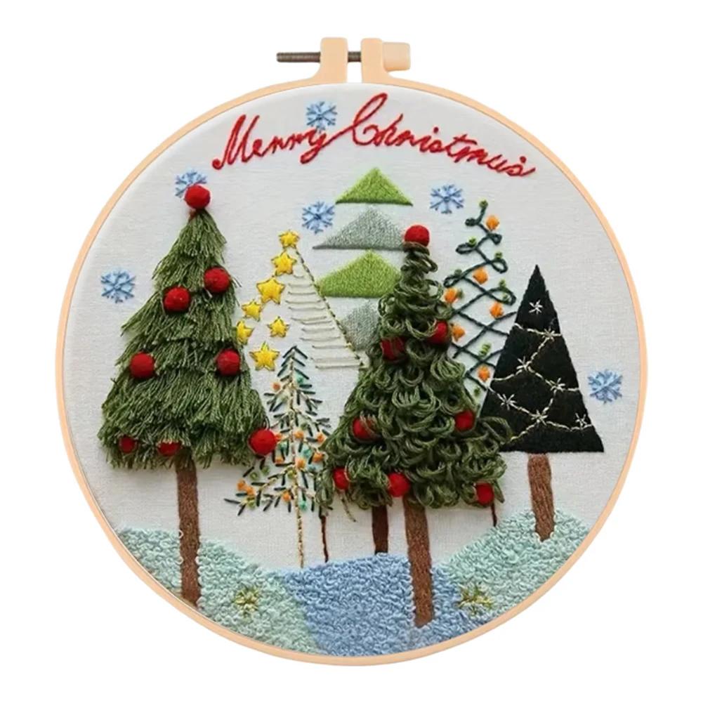 Merry Christmas Handmade Embroidery Kit for Beginners with Cotton Threads Needles Hoop and Pattern for Custom Art