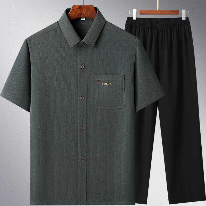 Men's Ice Silk Summer Short-Sleeve Shirt Set for Middle-Aged and Elderly