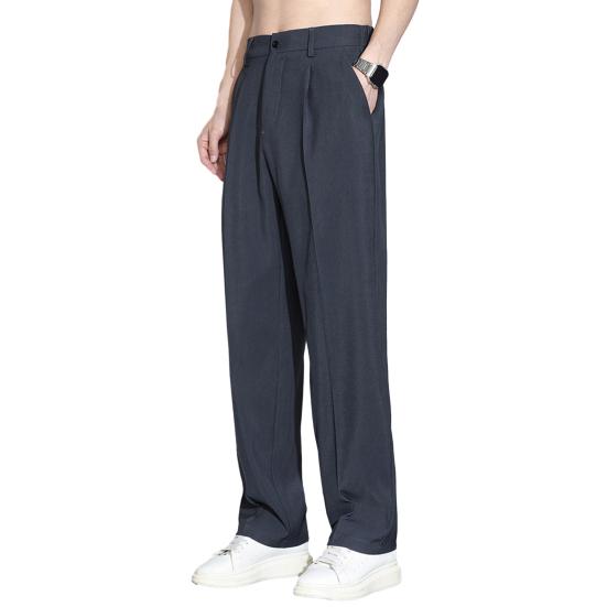 Männer Eis Seide Casual Lange Hosen Elastische Taille Knöpfe Fliegen Taschen Gerade Breites Bein Drapierte Dünne Business-Hose