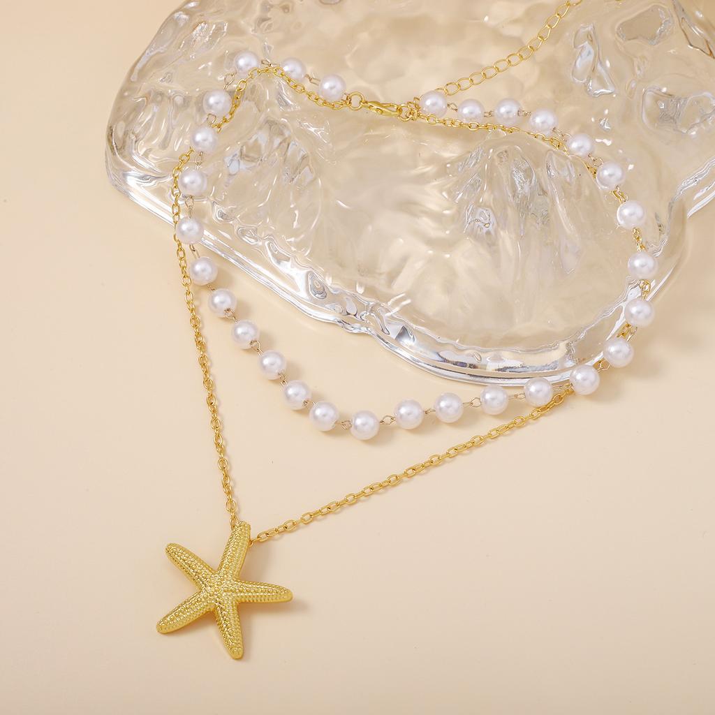 Light Luxury High-end Imitation Pearl Double-layer Stacking Wearing Starfish Necklace Fashionable Versatile Vacation Style Niche Does Not Collide