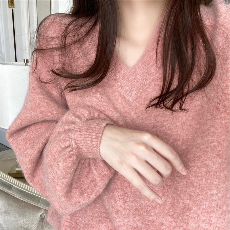 Fortschrittlicher V-Ausschnitt-Pullover für Damen Herbst und Winter Pullover Lazy Style Strickpullover Koreanische Version Einfarbiges Basic-Oberteil