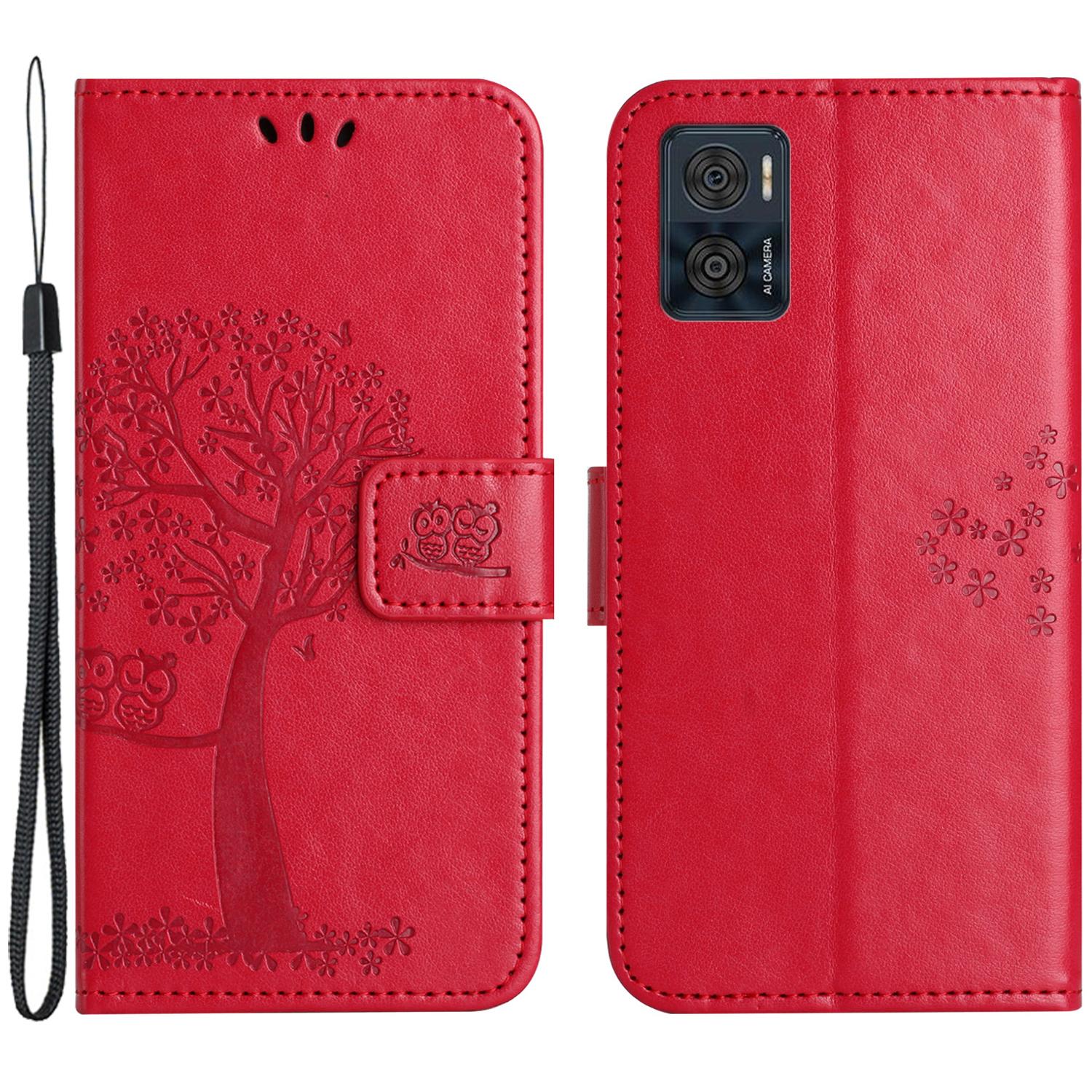 

For Motorola Moto E14 4G/G04 4G/G04s 4G/G24 4G Case PU Leather Phone Cover Owl Tree Pattern Red