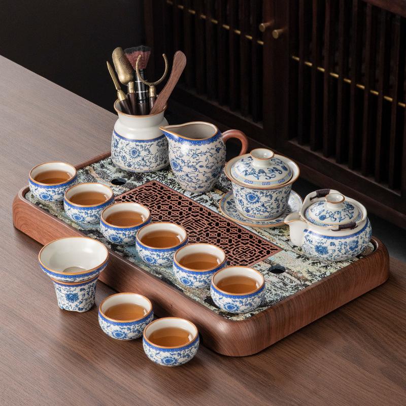 Retro blue and white Ru kiln kung fu tea set, home office ceramic teapot, teacup, tea table, a complete set