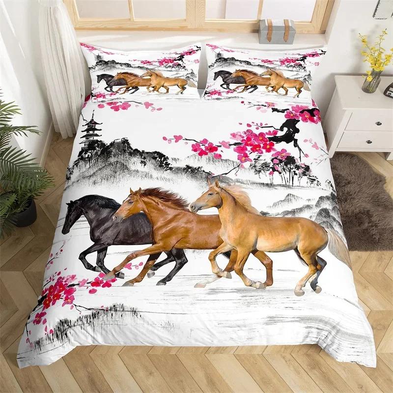 Horse Duvet Cover Butterfly Floral Comforter Cover Microfiber Western Farm Animals Bedding Set King For Kids Girls Bedroom Decor