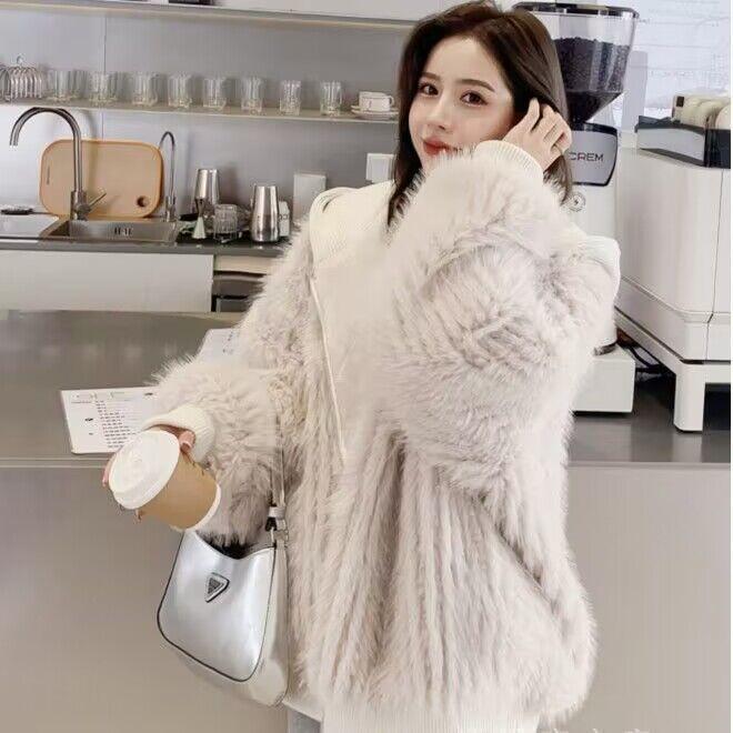 Autumn Winter Hairy Shaggy Soft Thick Warm Faux Fur Coat Women with Hood Fluffy Jacket Fake 2 Piece Clothes