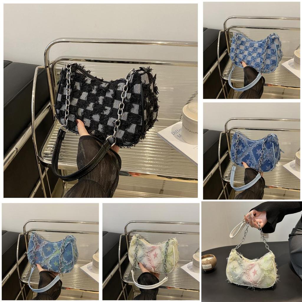 Street Style Star Pattern Denim Chain Crossbody Bag With Zipper Closure For Daily Use